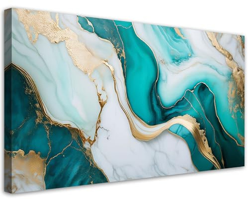 Feeby Bild auf Leinwand - Wandbilder Wohnzimmer Aesthetic - Türkis Stein Marmor mit Gold - 80x40 1tlg - Schlafzimmer Wandekoration - Bilder Zimmer - Living Room - Deko Wandbilder - Moderne Bild
