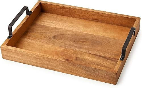 Assorted Collections Wooden Trays with Cast Handles - Premium Quality Decorative Serving Trays for Coffee Table -Wooden Snack Tray Versatile for Meal Service, Home Decor, and Entertaining (Medium)