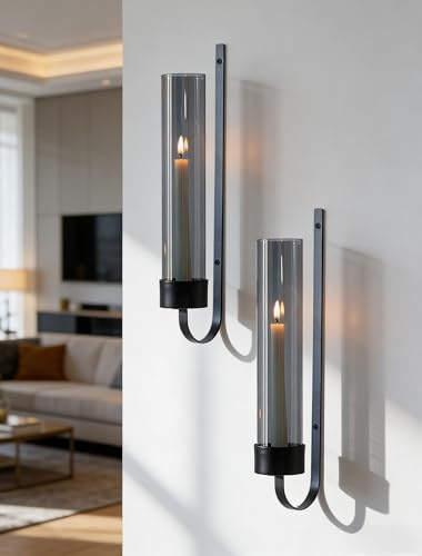 Sziqiqi Kerzenhalter Wand Wandkerzenhalter Schwarz: Wandkerzenhalter Stabkerzen Metall mit Rauchglas für Wanddeko Wohnzimmer - 2 Stück Kerzenständer Wand mit Windlicht Glas für Outdoor Schlafzimmer