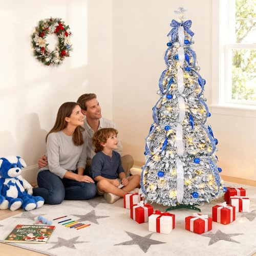 UISEBRT Pop-Up Weihnachtsbaum Künstlich Mit Beleuchtung,Band,Schleife,Faltbar Christbaum mit 8 Beleuchtungsmodi,IP44 Wasserdicht für Außen Innen Deko,150cm mit 100 LEDs,Blau-Gold,beflockt