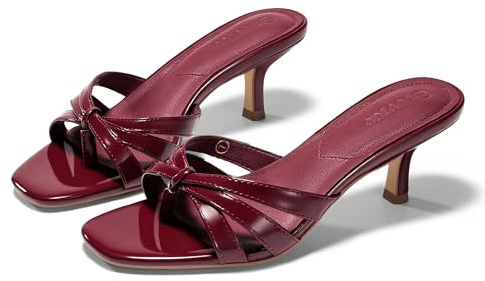 Coutgo Womens Strappy Kitten Heels Sandals Square Open Toe Flip Flops Slip On Slides Summer Dress Shoes, Wine Red, size 8.5