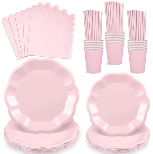 Set da 125 pezzi di piatti di carta rosa e tovaglioli, stoviglie per feste per 25 ospiti, include piatti da festa, bicchieri, tovaglioli e cannucce per matrimoni, baby shower, compleanni