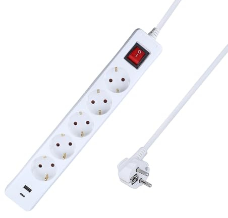 as - Schwabe Steckdosenleiste 5-Fach weiß mit 2 USB-Ports (Typ A & C) | 1,4 m Kabel, 230V/16A/3500W, gedrehte Steckdosen, IP20, beleuchteter Ein-/Aus-Schalter