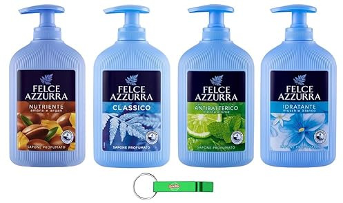 Felce Azzurra Sapone Liquido Kit Test 4 x 300 ml - 4 diverse fragranze - Ideale per mani e viso + Portachiavi Beni Culinari