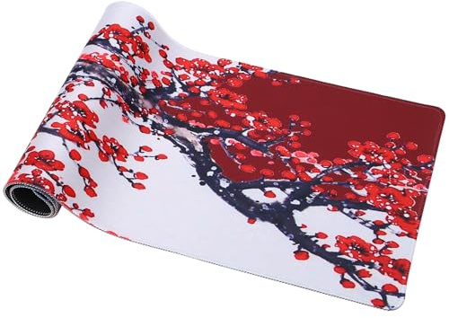 TOVINANNA Grand Tapis de Souris Japonerie 300x800x3mm en Caoutchouc Antidérapant Bord Cousu, Motif Fleurs de Cerisier Noir et Blanc, Tapis de Bureau et Accessoires de Bureau pour Jeux