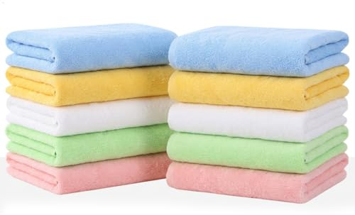 Uppsättning av 10 tvättlappar 25 x 25 cm av bambufiber, mjuka tvåldukar för ansikte och händer, absorberande små handdukar, flerfärgad frotté handduk set för baby och vuxna, tvättbar och återanvändbar