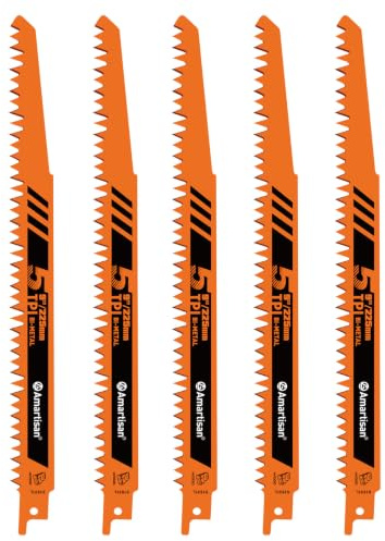 Naapesi Juego de 5 Hojas de Sierra Sable 225 mm, Hojas de Recambio 5TPI para Madera, Hojas Reciprocantes para Poda de Árboles, Corte de Madera, Palets y Demolición, Color Naranja