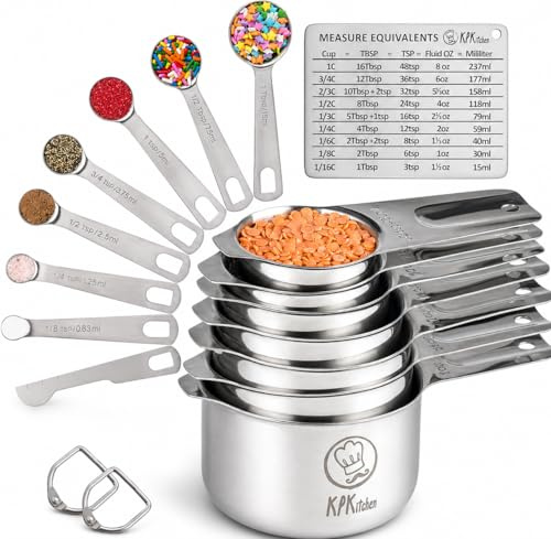 Stainless Steel Measuring Cups and Spoons Set of 16-7 Cup & 7 Spoon + Conversion Chart & Leveler - Kitchen Measuring Spoons and Cups - Dry Measure Cups Stainless Steel & Baking Metal Measuring Cups | 7 Dry Measuring Cups, 7 Measuring Spoons, Conversion Chart and Leveler, Metal Baking Tools for Flour, Sugar, Spices & Baking.