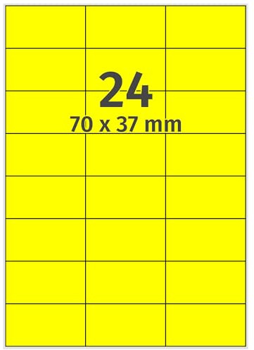 Farbige Etiketten auf A4 Bogen, neongelb - 70 x 37 mm - 2.400 Papier Aufkleber auf 100 Blatt, selbstklebende Laser-Etiketten fluorisierend leuchtfarbig