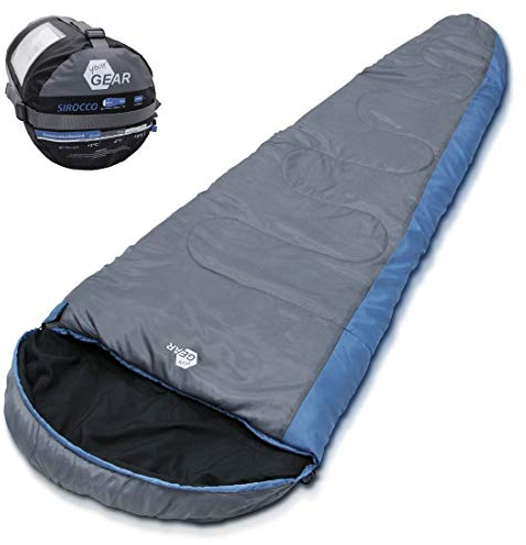 your GEAR Mumienschlafsack Sirocco -18°C - Ultrawarmer komfortabler Winterschlafsack für Erwachsene und Kinder - 230x80cm - Schlafsack in Blau Grau - Wasserfest für Trekking und Camping