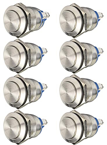GUUZI 8 Stück 16mm 5A 12V/24V/125V/250VAC Momentaner Wasserdichter Drucktaster mit Schraubklemmen, Edelstahl-Drucktaster (Hoher Kopf)