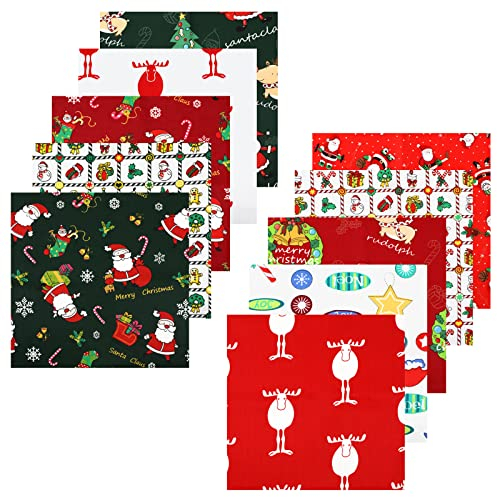 Weihnachtsstoffe, 10 Stück Baumwollstoff Meterware Weihnachten, Weihnachts Patchwork Stoffe Paket, Rot Grüner Stoff mit Weihnachtsmotiv, Baumwolle Stoffe zum Nähen DIY Basteln Handwerken(25cm×25cm)
