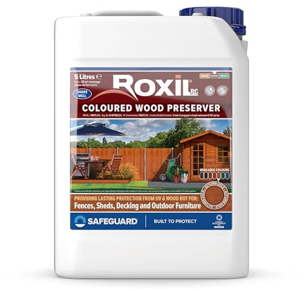 Roxil Wood Stain Preserver 5 Litre (Autumn Gold) Fast-Drying Satin Finish for Decking, Fence, Shed, Furniture. 5 Year Protection for Indoor & Outdoor