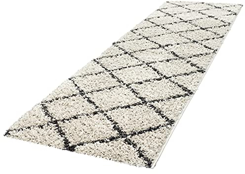 TT Home Wohnzimmer Teppich Hochflor Langflor Schlafzimmer Modern Soft Skandi Rauten Design Creme, Farbe: Creme, Größe:80x150 cm