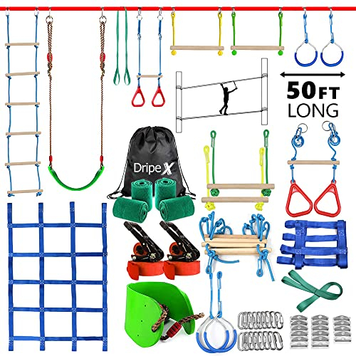 Dripex Slackline, Ninja Slackline Kinder 2×15m und Ninja Warrior Hindernisparcours Garten im Freien,Ninja Parcours Kinder mit Schaukel, Kletterleiter, Kletternetz und Baumschutz, geeignet für Anfänger