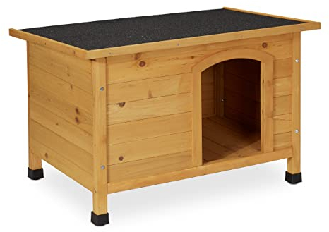 Relaxdays Hundehütte, HxBxT: 58 x 86 x 58 cm, wetterfestes Hundehaus, Holz, Dachpappe, Hundevilla Outdoor, Natur/schwarz