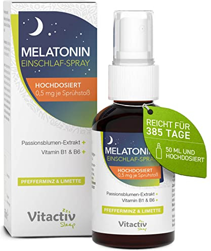 VITACTIV Melatonin Einschlafspray - Pfefferminze & Limette - 385 Tage Vorrat, Hochdosiert - Melatonin Spray plus Passionsblumen Extrakt, Vitamine B1 und B6 - Zuckerfrei & Vegan - 50ml Sofort-Spray