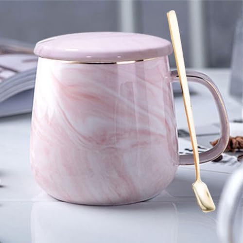 Xfeyaqlo Tazas Mármol, Tazas Café con Leche, Taza con Cuchara y Tapa Tazas desayuno Personalidad Simple Adecuado para Regalos, Amante, Familia, Amigo, Cerámica, 400ml (Rosado)