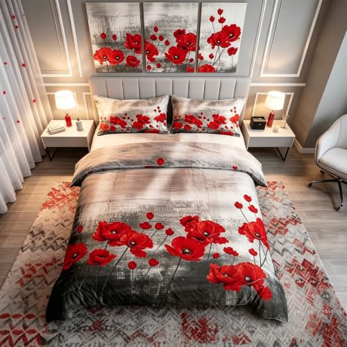 Red Poppy Duvet Cover Watercolor Flower Art Bedding Set for Women Adult Girls Romantic Botanical Nature Comforter Cover Gray Red Microfiber Bedspread Cover Double Size