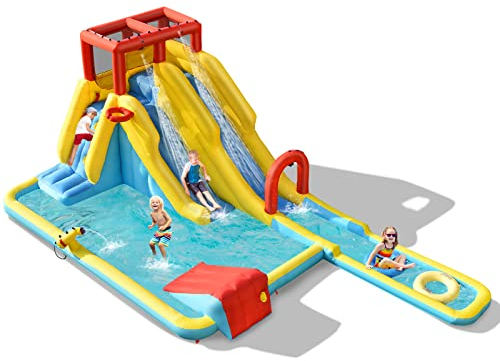 COSTWAY Hüpfburg mit Wasserrutsche, Kletterwand, Basketballkorb, Wasserpistole, Wasserpark für draußen, inkl. aufblasbarem Basketball, Schwimmringen, Tragetasche und Reparaturset