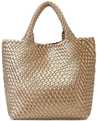 Queenoris vävd väska för kvinnor, tygväska i veganskt läder, stor, sommar, strand, resehandväska och handväska, retro, handgjord axelväska, GYLLENE, Large