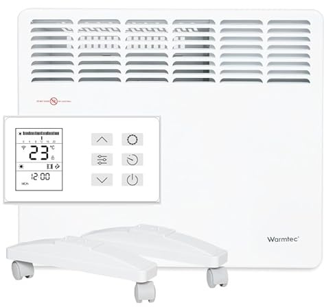 WARMTEC Chauffage électrique 1000 W | Radiateur avec commande Wi-Fi, écran LCD et Classe de protection IP24 | Radiateur à convection mural ou autoportant à économie d'énergie | Blanc