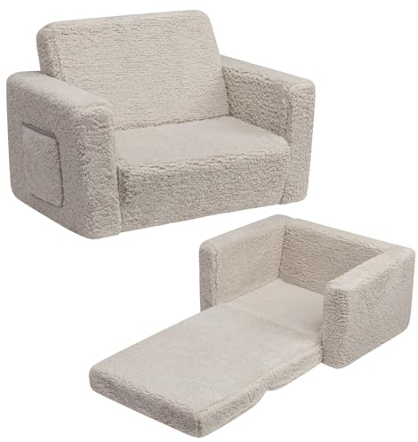 BEJOY Kindersofa Aufklappen 2 in 1 Schlafsofa, Kindersessel, Sherpa Kinder Couch Ausklappbar Kinder Sofa für Kinderzimmer Kindertags- und Geburtstagsgeschenk für Mädchen und Jungen, Hellgrau