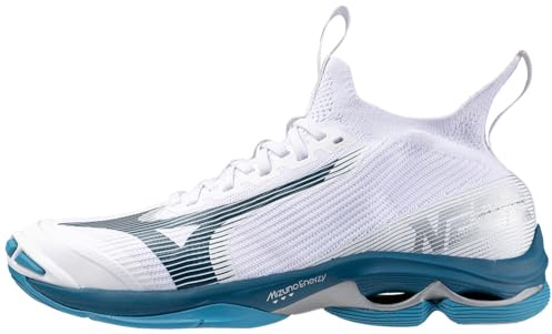 Mizuno Wave Lightning Neo 2 Volleyball Shoe | Unisex Volleyball Footwear | White-Moroccan Blue | US Unisex 11