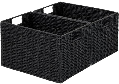 Vagusicc Wicker Storage Basket, Set of 2 Hand-Woven Paper Rope Wicker Basket, Small Storage Baskets for Organizing Toilet Paper Baskets, Foldable Large Cube Storage Organizer Bin for Shelves (Black)