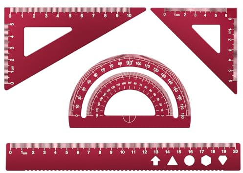 MSDADA 4 Stück Lineal-Set aus Aluminiumlegierung Winkelmesser Mathematik Geometrie Set Werkzeug Ideal zum Zeichnen Messen für Schülern, Lehrern, Architekten, Ingenieuren(Rose Rot)