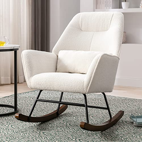 Matomn Schaukelstuhl Schaukelsessel Teddy Sessel Wohnzimmer mit verdickte Kopfstütze und Holzsockel Moderne Polstersessel Relaxstuhl für Kinderzimmer Schlafzimmer Hotel Beige