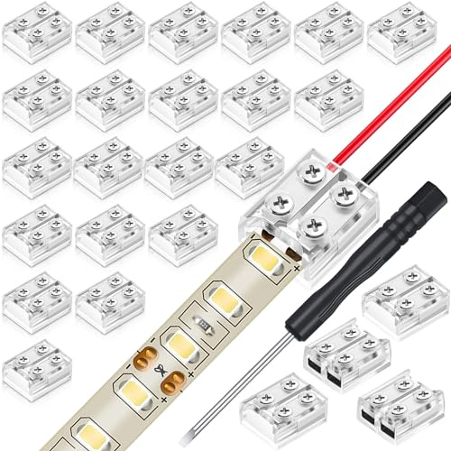 Flutesan 25 Pack Solderless LED Tape Light Connector 2 Pin Terminal Block Screw Down LED Strip Connector Tape to Wire for 5v 12v 24v Single Color Strip Lights(8mm,Clear)