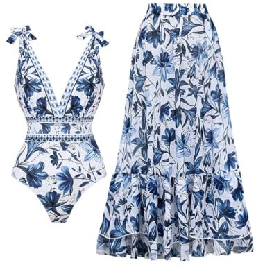 FLAXMAKER Blue and White Plant Prints Adjustable Shoulder Strip One Piece Swimsuit and Skirt/Sarong(L, Blue)