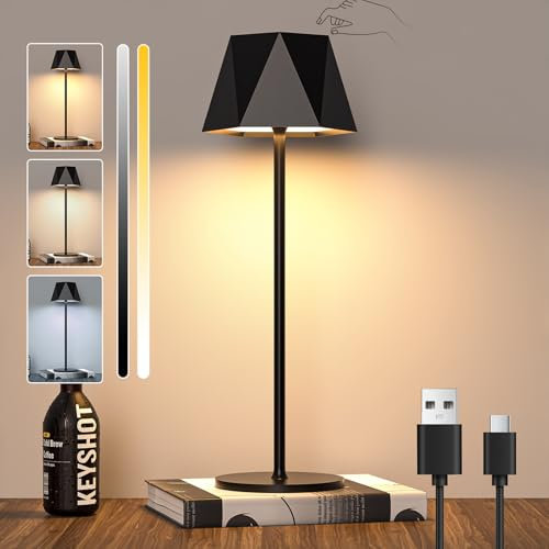 LED Cordless Table Lamp Dimmable Touch Battery Desk Lamp, Rechargeable Battery Operated Table Lamps with USB-C, IP44 Waterproof Outdoor Table Lamp for Restaurant, Bedroom, Camping, Bar, 5600mAh, Black