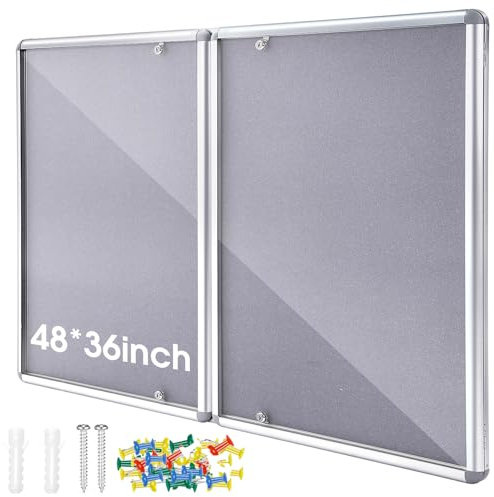Motipuns 48x36 Lockable Enclosed Bulletin Board with Glass Door, Weather Resistant Cork Notice Board, Wall Mounted Display Case for School Office Community Outdoor, 12xA4(Gray, Silver Frame)