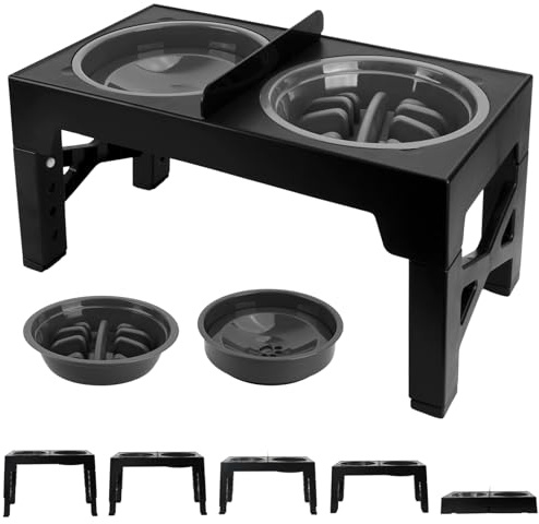 Focenat Raised Dog Bowl, 2-in-1 Elevated Dog Bowl with Slow Feeder, Non-Spill Slow Water Bowl 1100mL, 5 Height Adjustable, Black Elevated Dog Bowls for Small Medium Large Dog Cat
