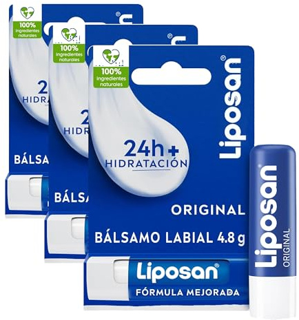 Liposan Original (1 x 4,8 g), bálsamo labial de cuidado intensivo, cacao de labios de textura ligera, bálsamo hidratante para unos labios suaves y tersos (Paquete de 3)