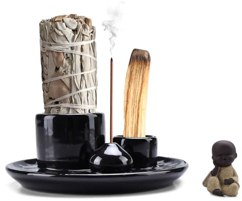 SupRovare 4 in 1 Räucherstäbchenhalter, Palo Santo Halter, Räucherstäbchen Halter, Räucherstövchen, Weihrauchbrenner, Keramik Räucherschale für Meditation/Yoga, Mit Klein Mönch（Schwarz）