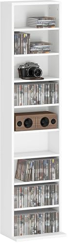 HOMCOM 260 CD/120 DVD Storage Unit, Blu-ray Media Storage Shelf with 9 Compartments and 6 Adjustable Shelves, CD Tower for Living Room, Bedroom, Office, White