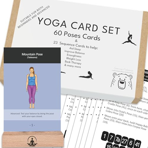 Yoga Karten und Sequenz Deck mit Holzhalter - 60 Posen Karten + 23 geführte Sequenzen für Anfänger und Fortgeschrittene Praxis