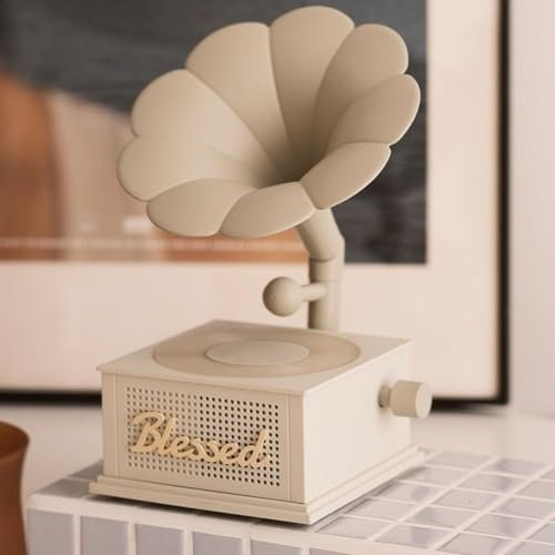 Gramophone Vintage Haut-parleur portable sans fil Bluetooth avec lumières ambiantes Son blanc phonographe classique Nostalgie musicale pour la maison, le bureau, la chambre