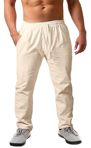 JESDM Herren Leinen Hose Regular Fit Bequeme Strandhose Sommer Freizeithose Khaki XL