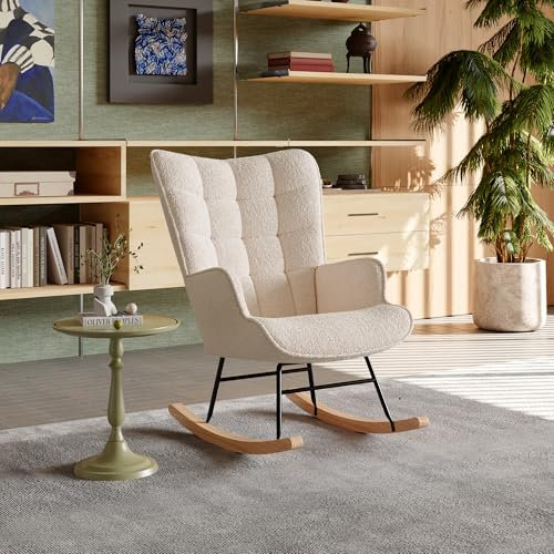 Julyue Schaukelstuhl für den Innenbereich, gepolsterter Relaxsessel mit Armlehnen und hoher Rückenlehne, moderner Wohnzimmerstuhl, Stillstuhl für Wohnzimmer, Schlafzimmer, Balkon (Beige)