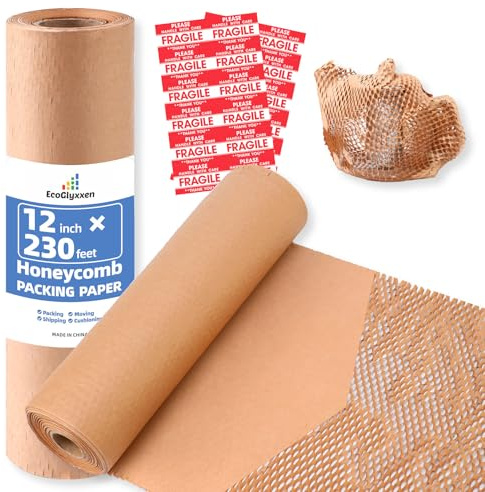 Honeycomb Packing Paper 12Wx230'L-Bubble Wrap Substitute Alternative for Shipping, Moving Supplies, Small Business Packaging, Packing Boxes & Gifts Wrapping Paper with 20 Fragile Stickers