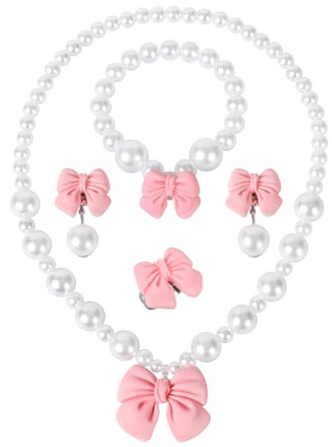 MAOSHYMS Kinder Schmuck Set, 5 Stück Bogen Perlen Schmuckset für Mädchen mit Halskette Armband Ring Ohrclips, Prinzessin Schmuck Set für Geburtstag Party Kostüm Dress Up Geschenk