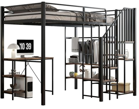 I0I&I0I Etagenbett 120x200 cm Metall mit Schreibtisch, Regal, Treppe & Kleiderschrank – Hochbett Kinder & Jugendliche,Stabil & Platzsparend, Vintage-Holzoptik (Schwarz)