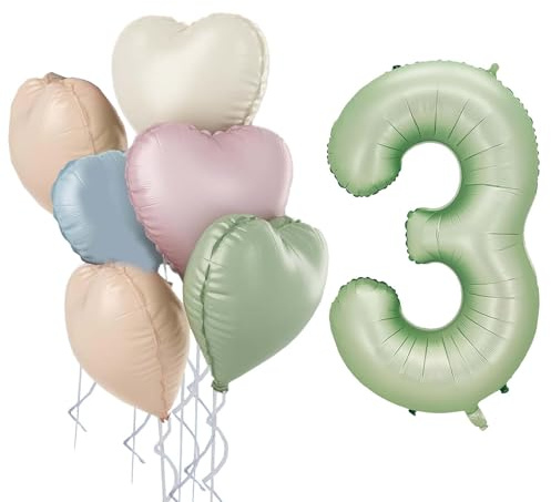 Grün Luftballon 3.Geburtstag,Salbeigrün 3. Geburtstag Ballon Deko,32 Zoll luftballon 3. mit Herz Folienballons，für 3 Jahre Geburtstagsdeko Junge Mädchen,Jubiläum Party Dekoration