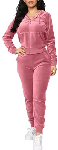 BOGURST Women's Velvet Tracksuit Zip-Up Hooded Jacket and Matching Pants Pink Velour Tracksuits, Pink, Medium