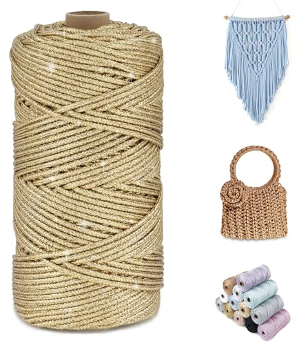 CAMAL Glitzern Makramee Garn 3mm x 100m Metallisch Garn für Taschen Häkeln & Stricken, Polyester Rope Luxus Häkelgarn für Taschen, Puppen, Decken, DIY-Dekoration (Champagner-Gold)
