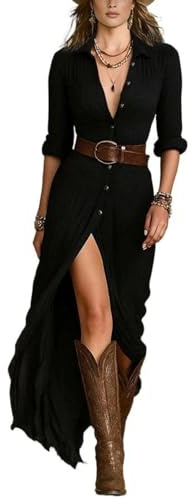 Generisch Robe maxi à manches longues et boutonnière à l'avant, col à revers plissé, asymétrique, concert country, western, cowgirl, robe midi, Noir , M